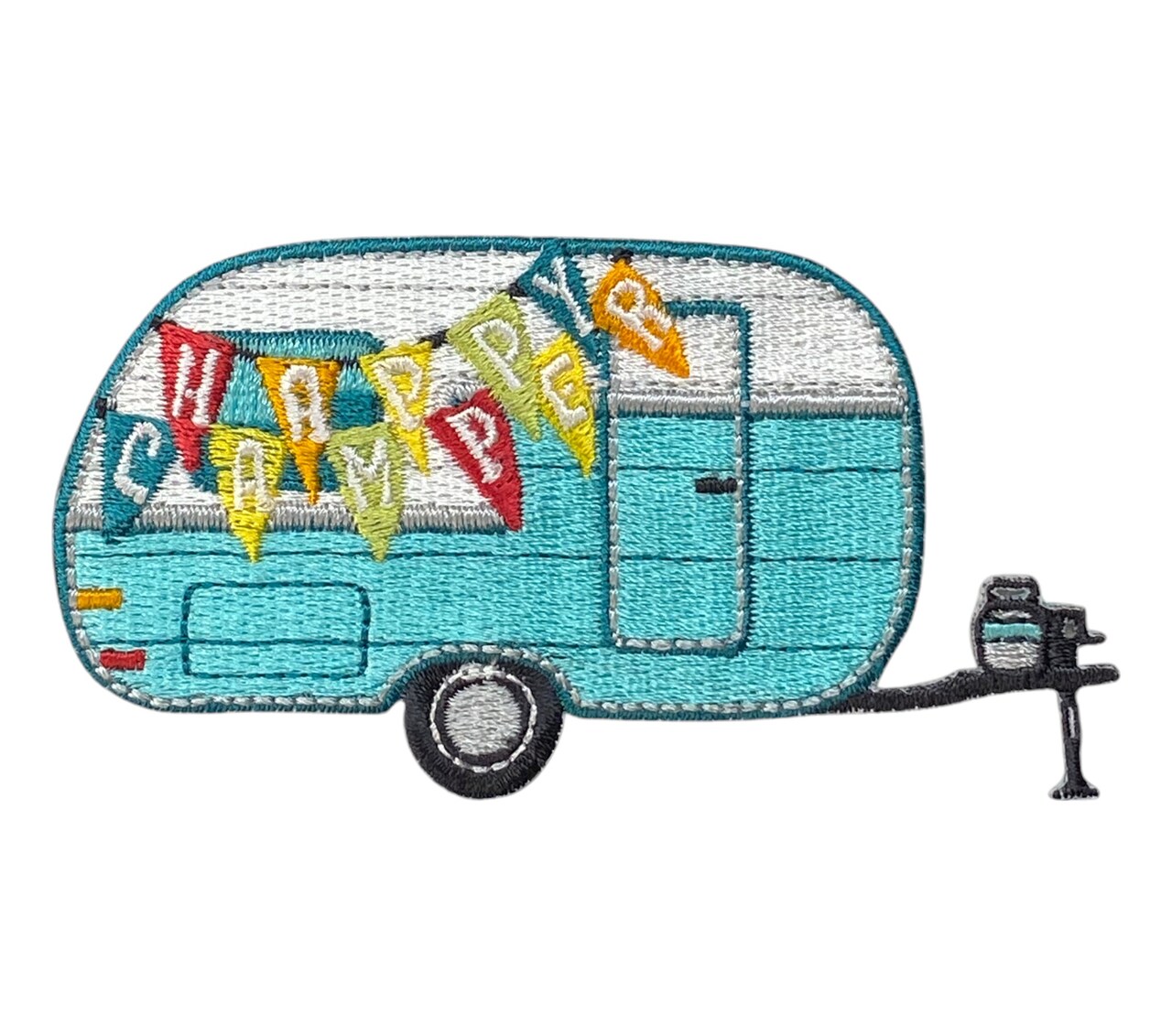 Happy Camper, Recreation, Camping, Vintage Travel Trailer, Forest, Woods, Embroidered Iron on Patch